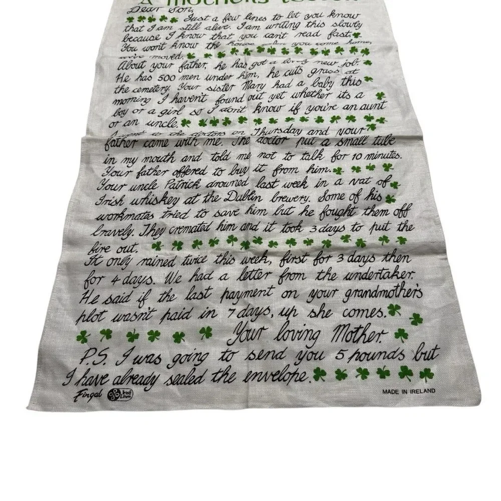 Vintage Fingal Irish Linen Tea Towel A Mothers Letter Irish Humor Ireland